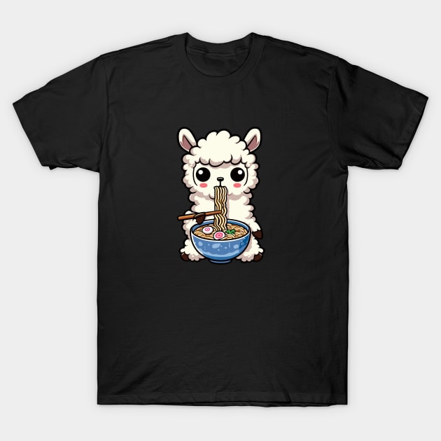Llama Eating Ramen Soup T-Shirt by Dyfrnt
